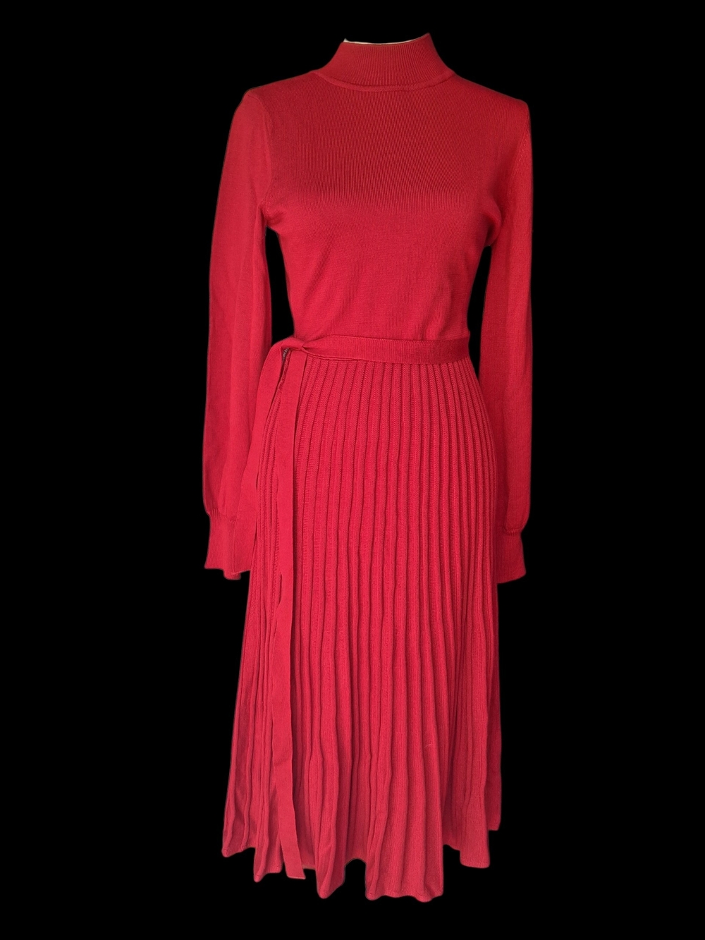 Nina Leonard Red Pleated Waist-Tie Knit Dress Midi S
